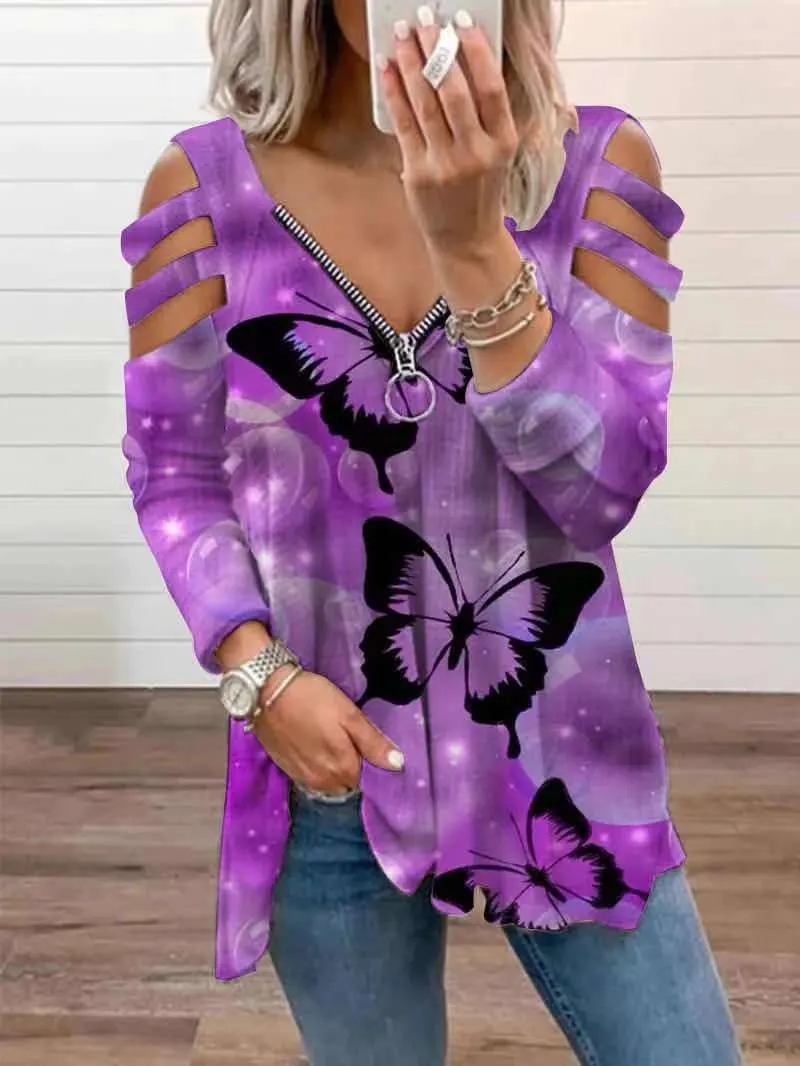Butterfly Print Zip Neck Long Sleeve Top