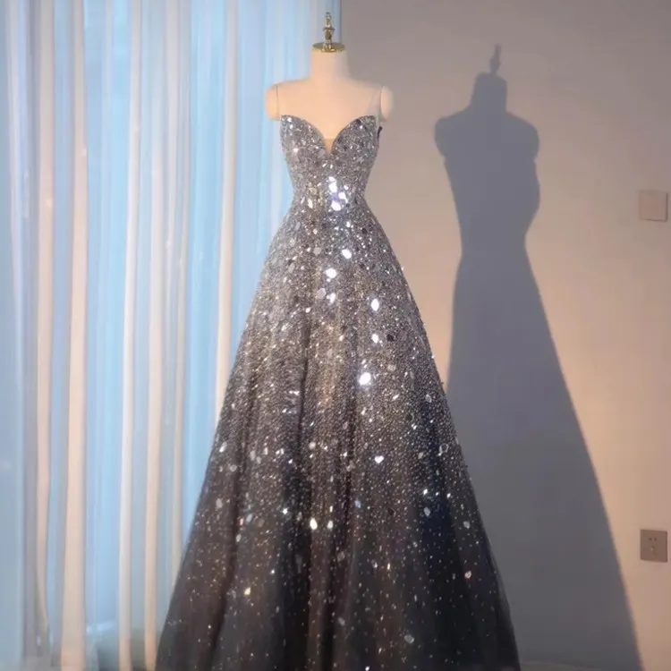 Dark Blue Sequin Mesh Evening Gown