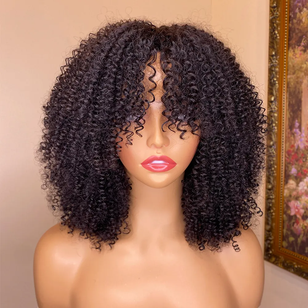 Kinky Curly Human Hair Wig with Bangs