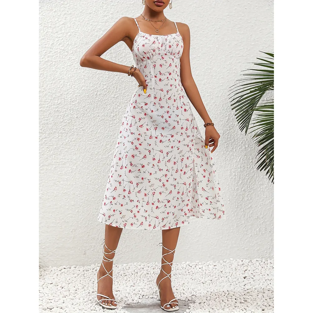 Polka Dot Strappy Split Maxi Dress