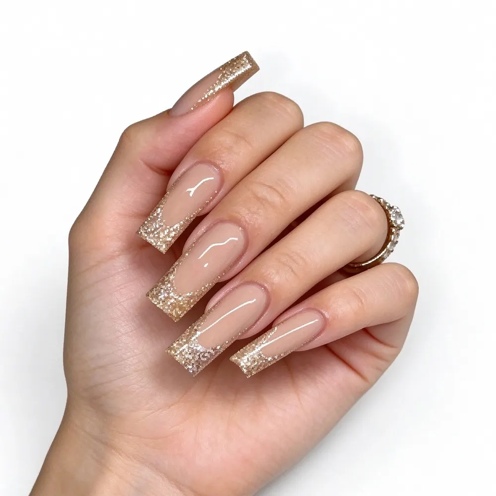 Golden Glitter French Square Press-On Nails