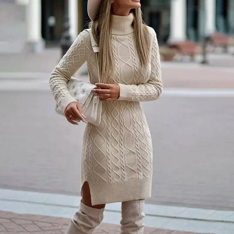 Turtleneck Knit Sweater Dress with Side Slit