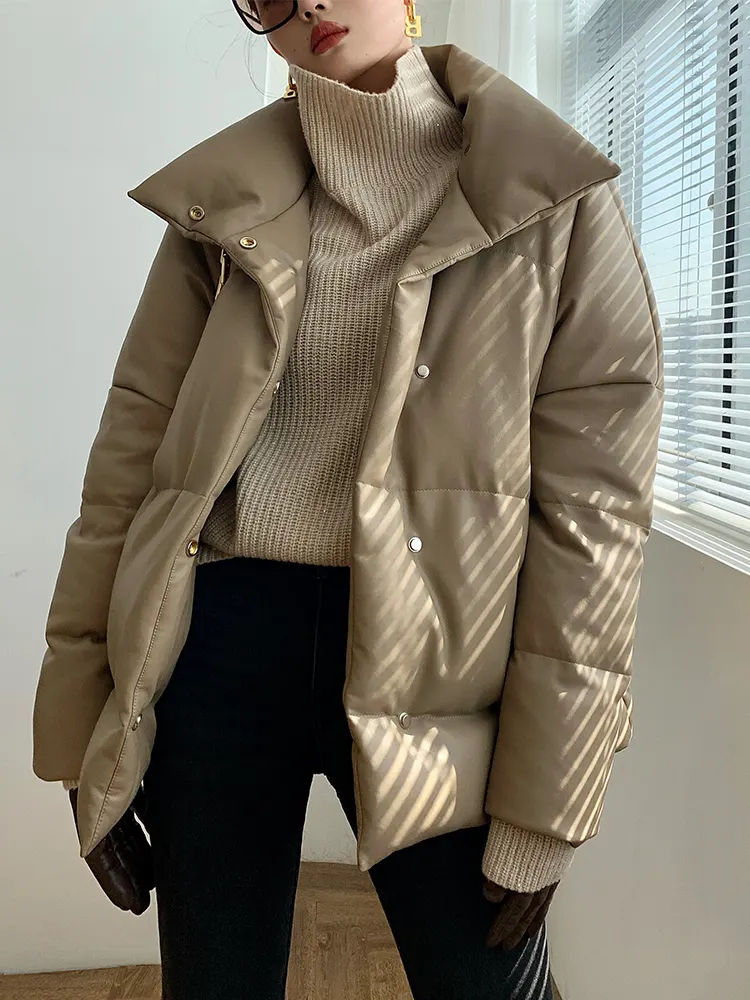 Short Khaki PU Leather Jacket