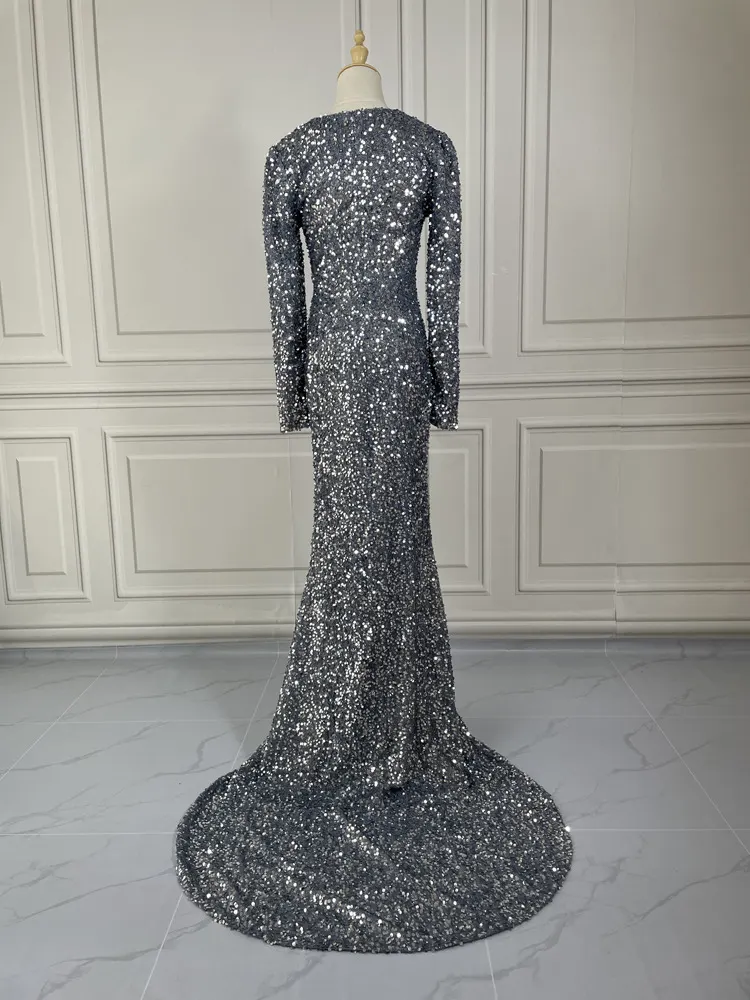 Long Sleeve Sequin Evening Dress