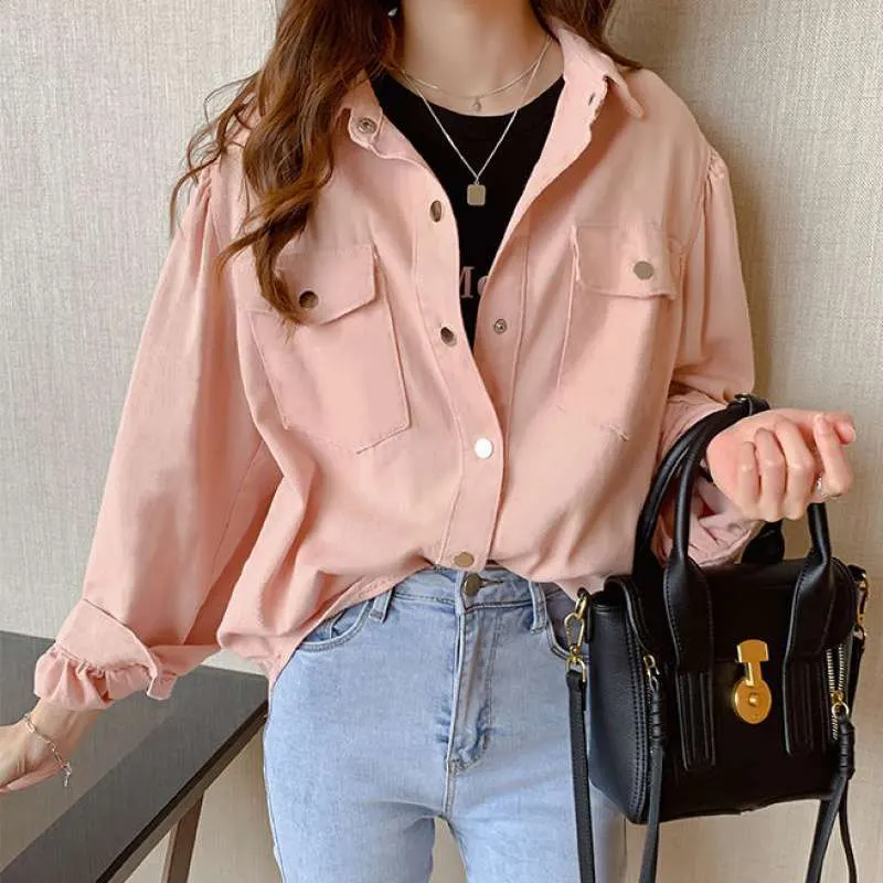 Long Sleeve Polo Collar Blouse with Pockets