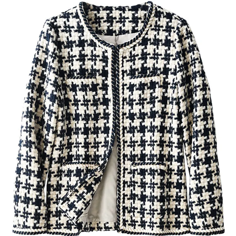 Navy Houndstooth Round-Neck Jacket
