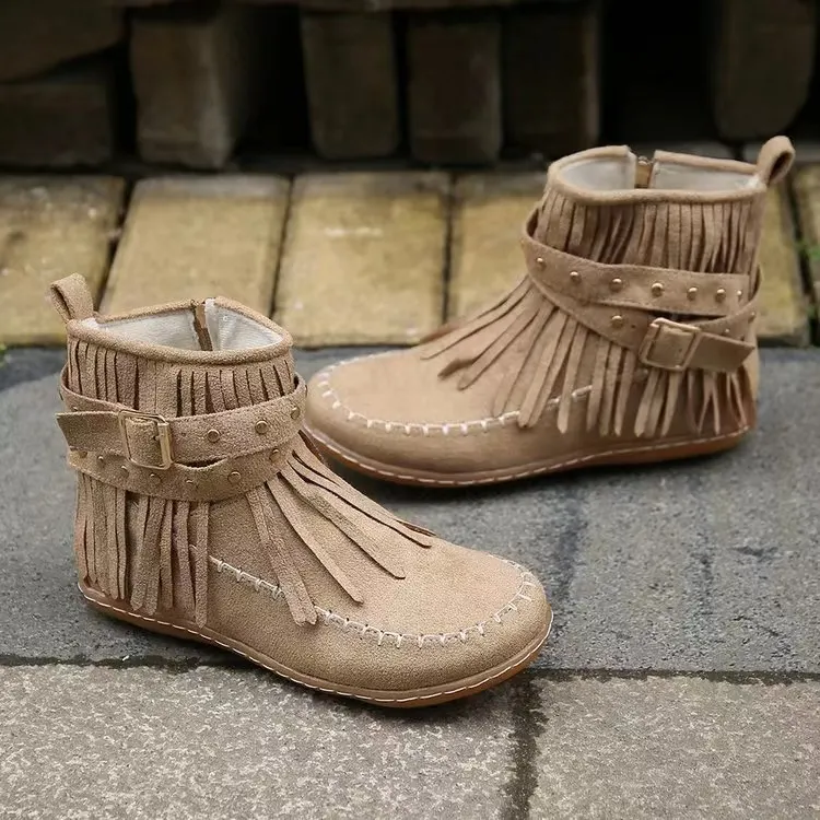 Suede Ankle Boots with Rivet Tassel