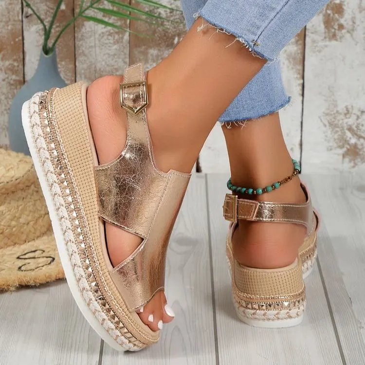 Shiny Hollow Peep-Toe Wedge Sandals