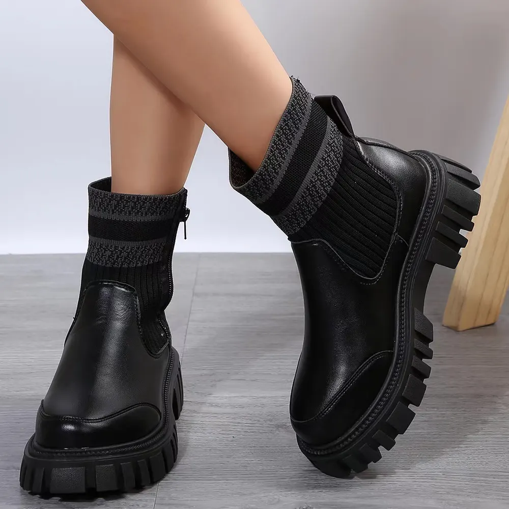 Side-Zip Knit Panel Mid-Calf Boots