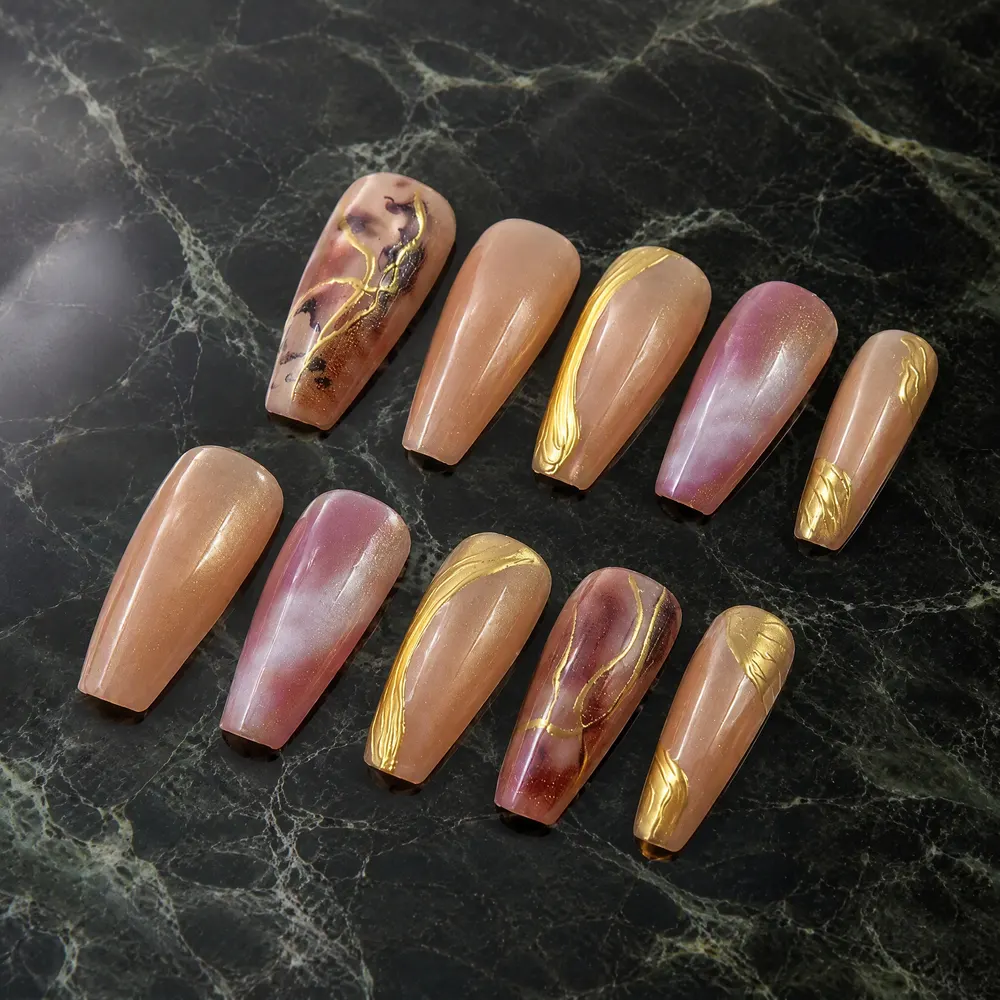 Nude Gold Marble Coffin Press-On Nails