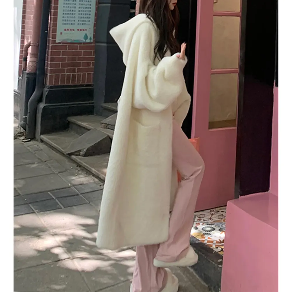 Hooded Faux Mink Long Knit Cardigan