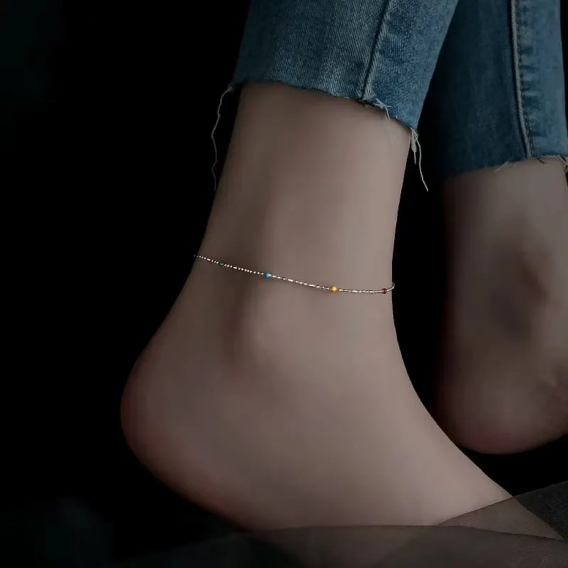 Mixed Enamel Bead 999 Silver Anklet