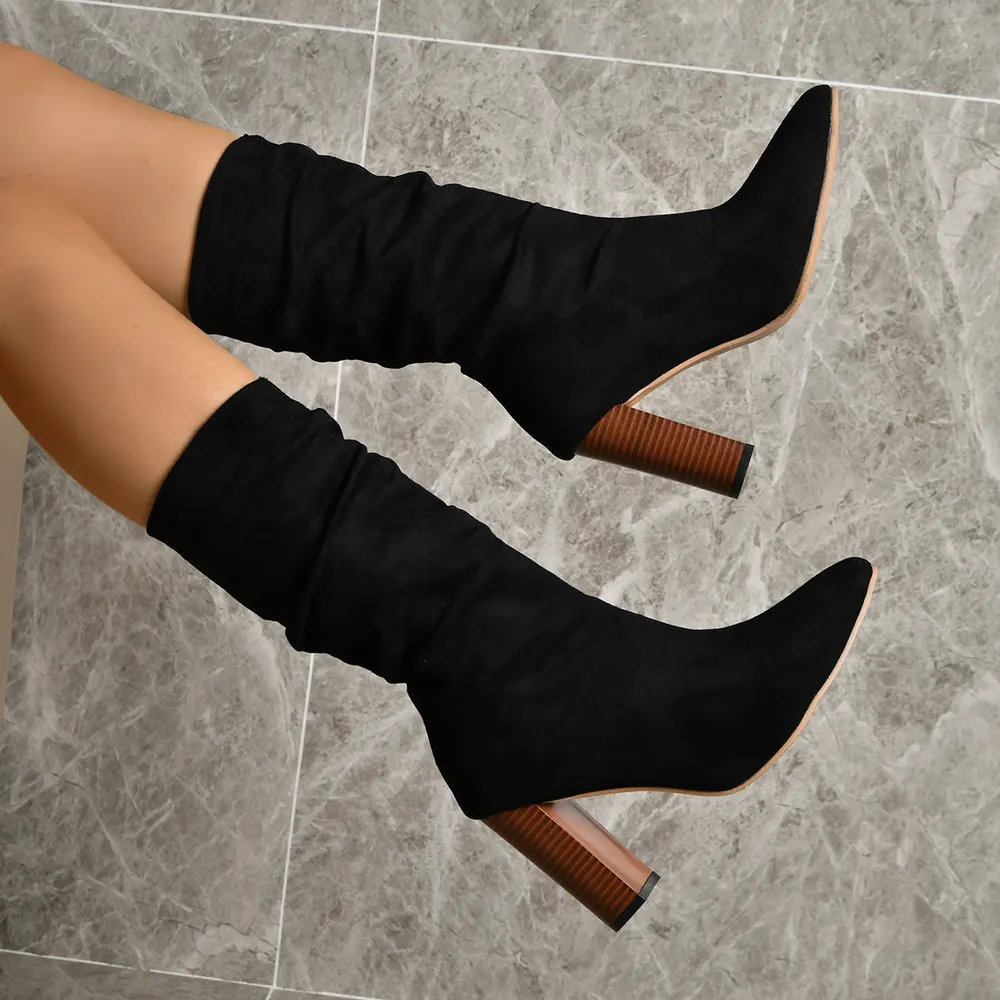 Suede Pointed-Toe Block Heel Mid-Calf Boots