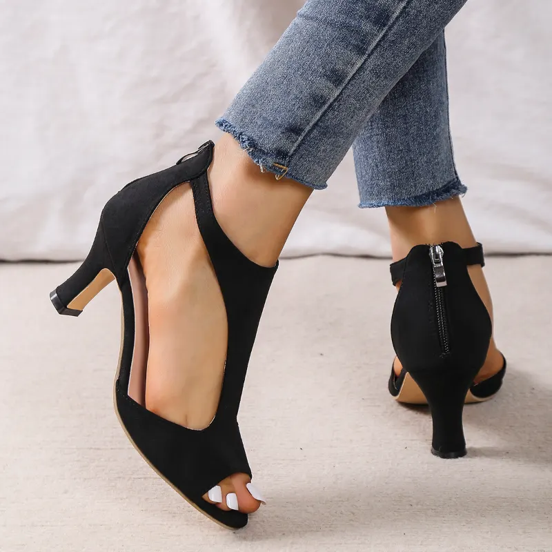 Peep-Toe Heeled Sandals with Back Zip