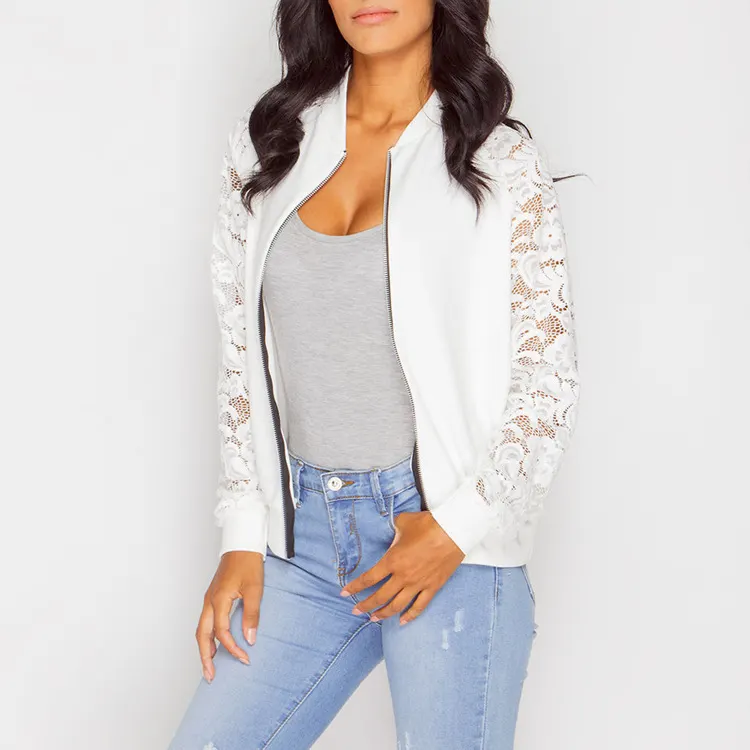 Cotton Bomber Jacket with Lace Sleeve Detail
