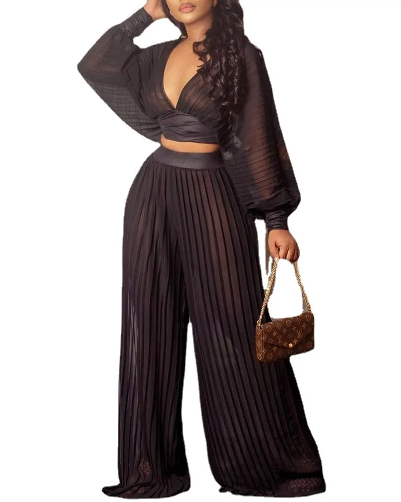 Brown Pleated Wide-Leg Two-Piece Set