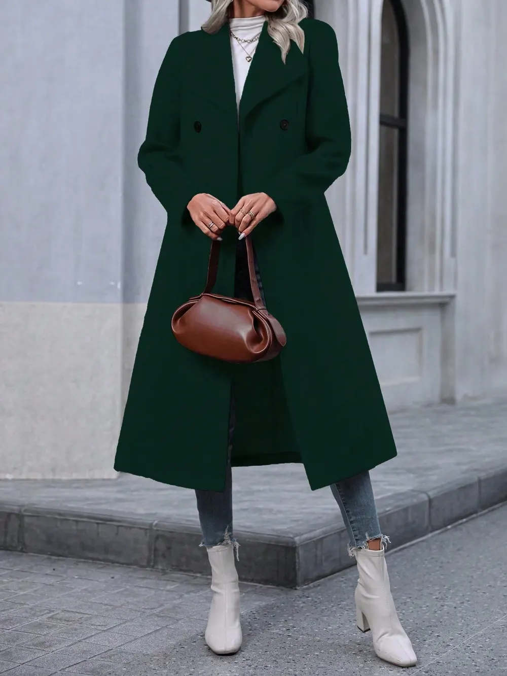Double-Breasted Faux Wool Long Coat