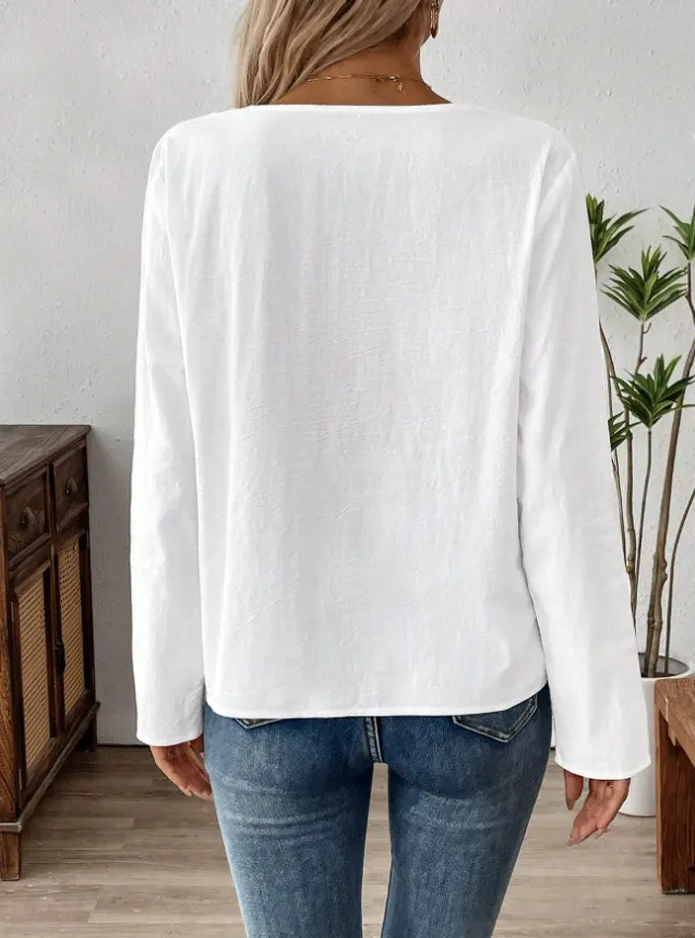 Semi-Sheer Button-Detail Round Neck Blouse