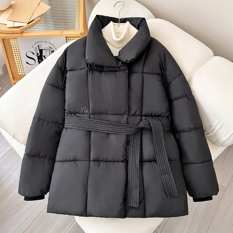 Lace-Up Plaid Padded Coat