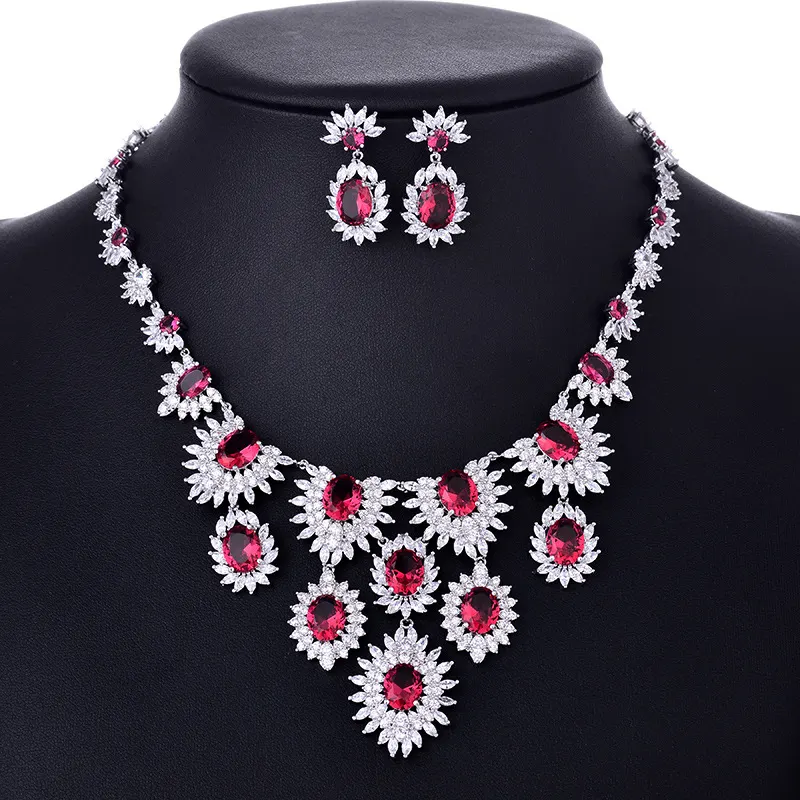 Colorful Zircon Floral Earrings and Necklace Set