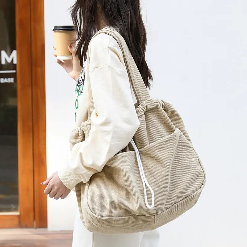Pleated Corduroy Drawstring Bag