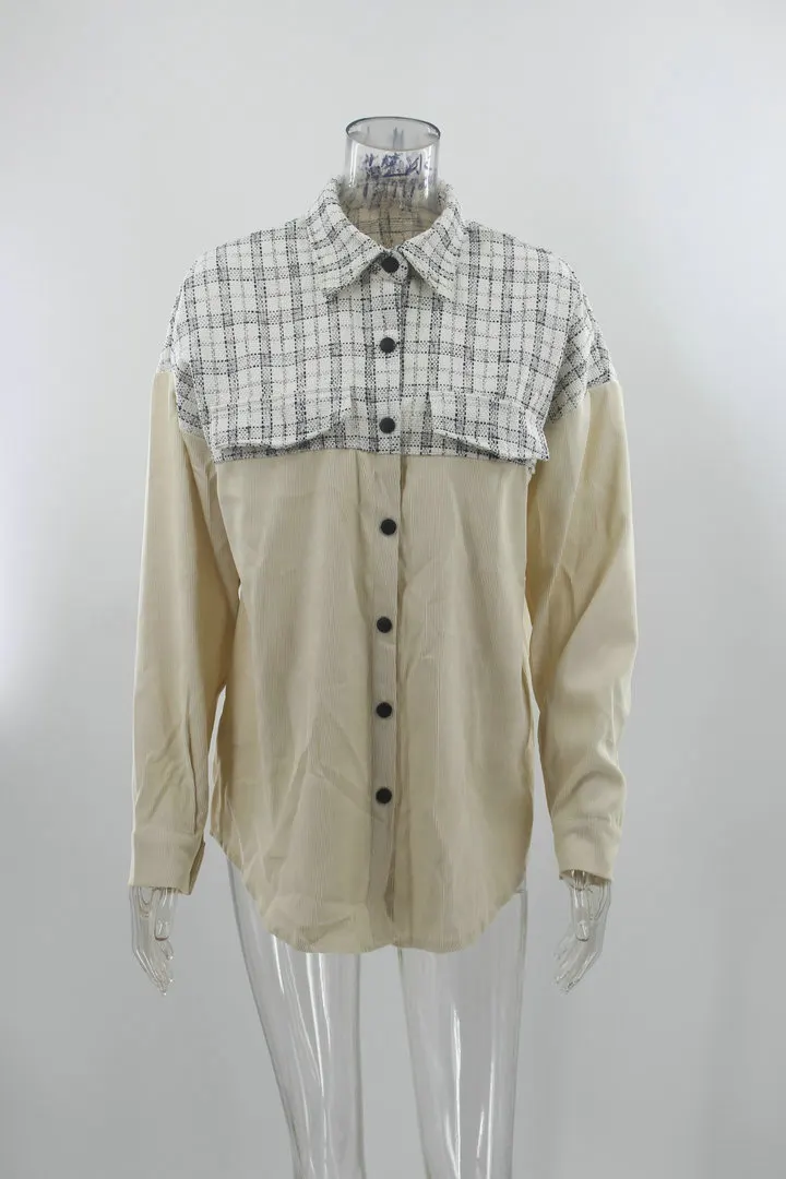 Plaid-Spliced Corduroy Jacket