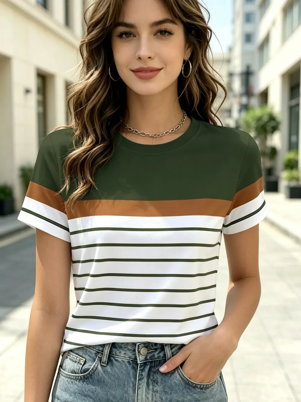 3D Stripe Print Round Neck Short Sleeve Top