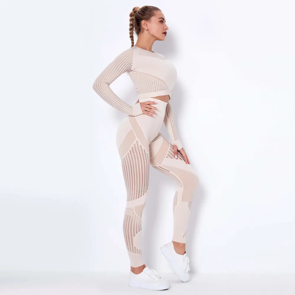 Striped Knit Long-Sleeve Yoga Set