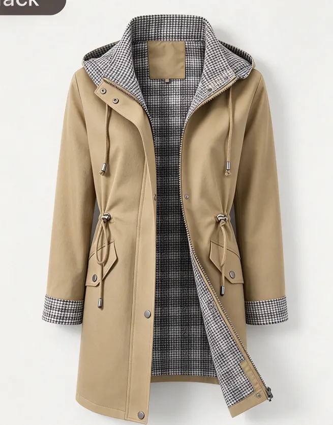 Plaid-Lined Hooded Trench Coat