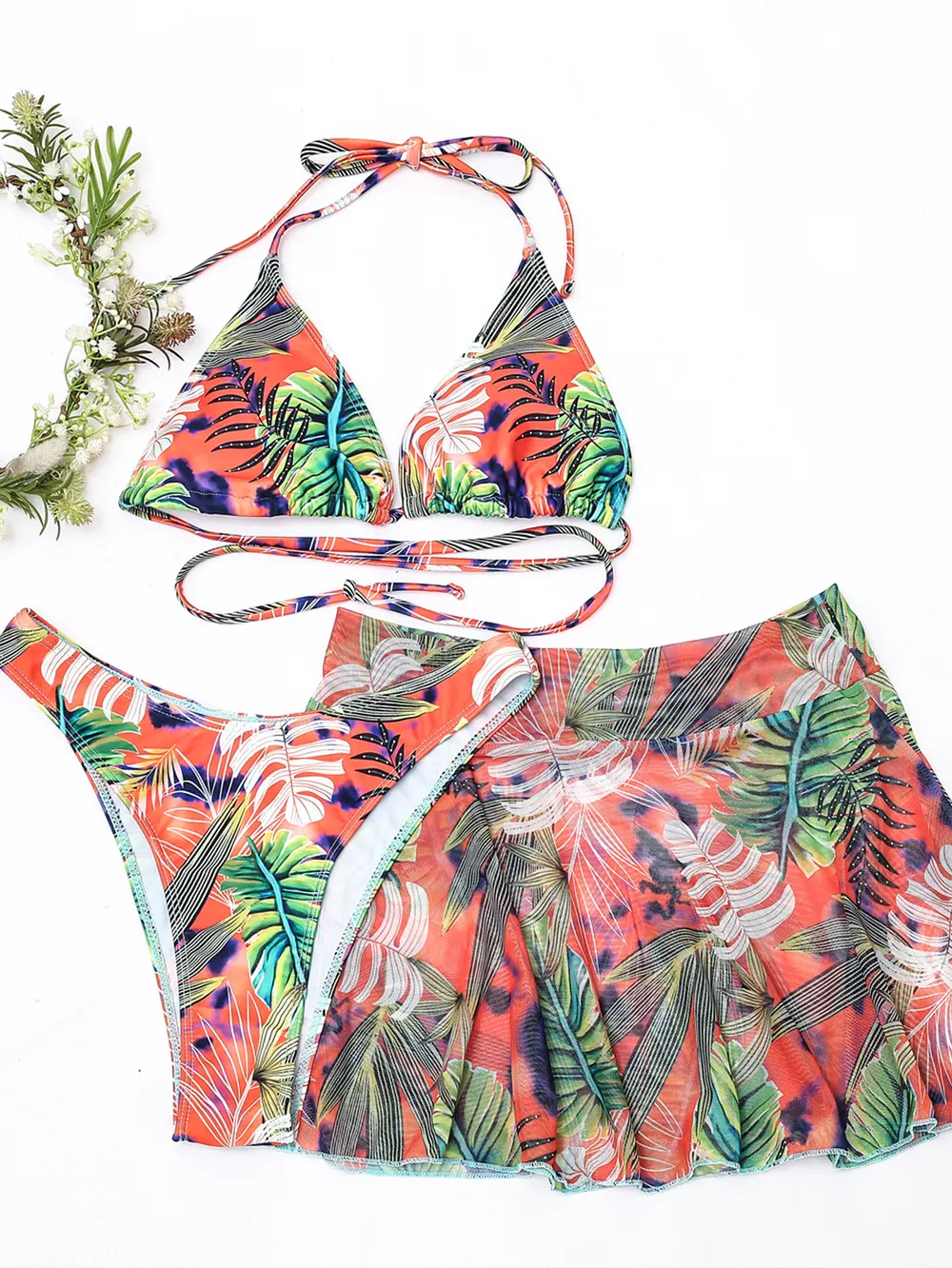 Floral Three-Piece Bikini and Skirt Set