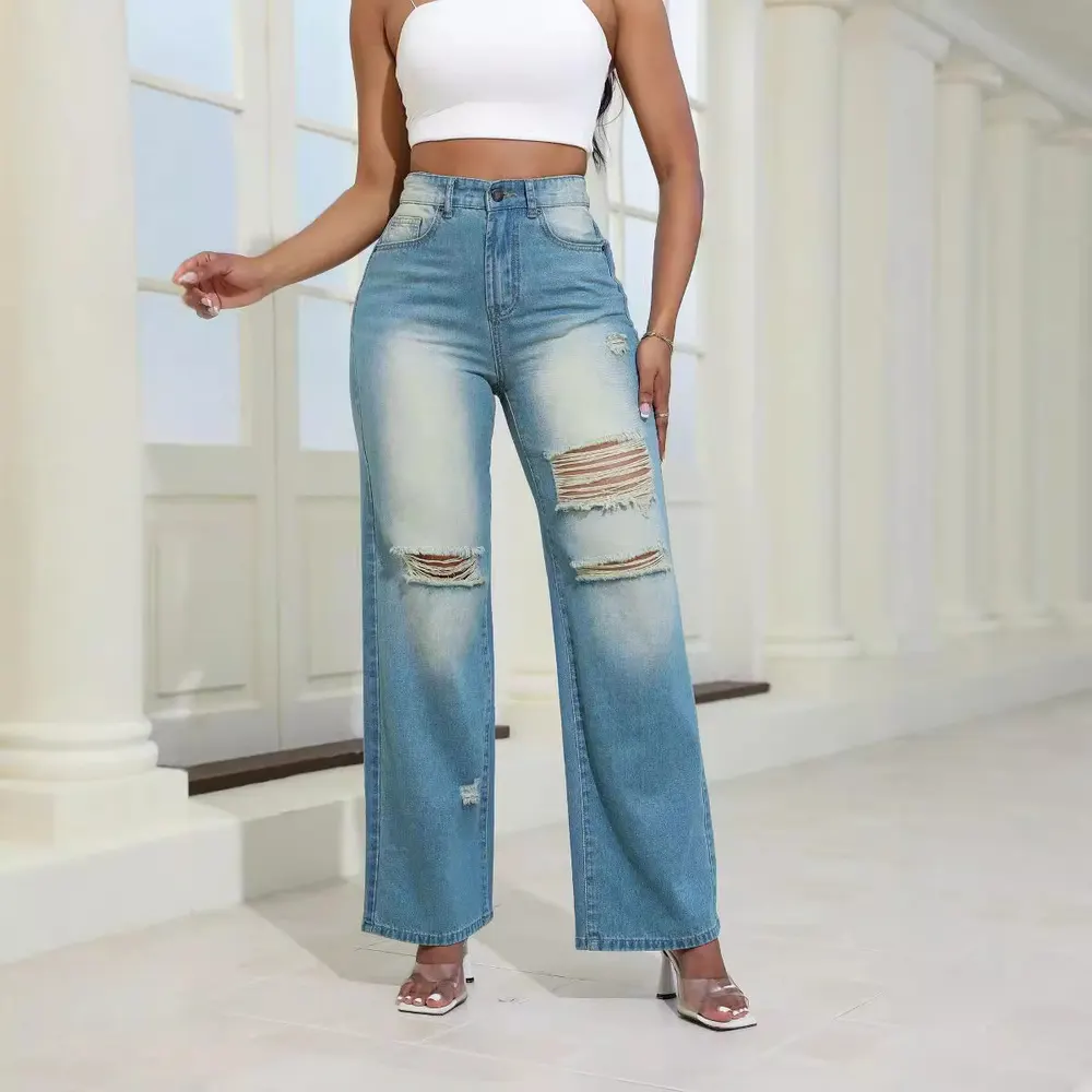 High-Waist Ripped Straight-Leg Jeans
