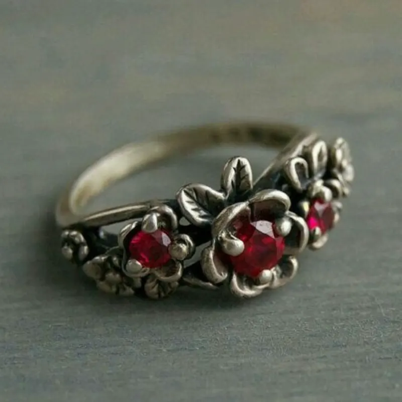 Vintage Red Zircon Flower Ring