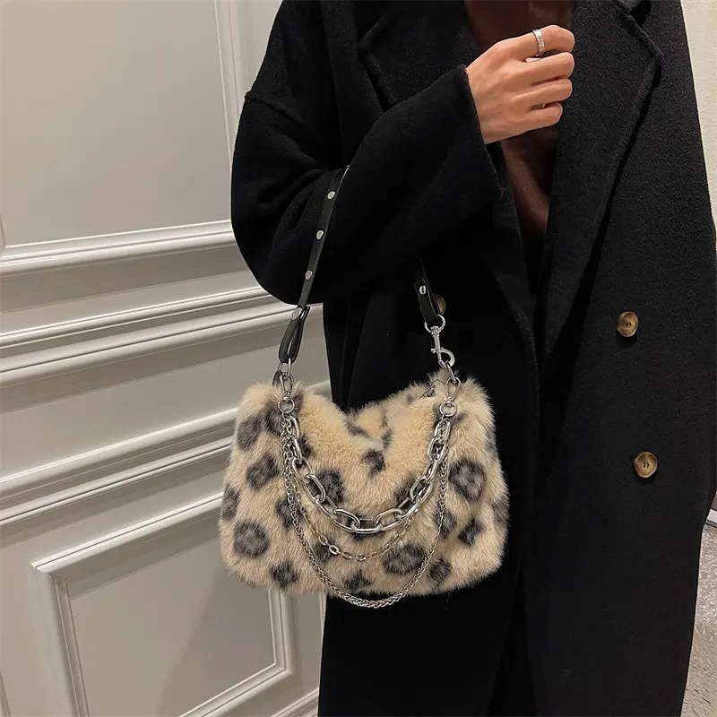 Plush Chain Shoulder Baguette Bag