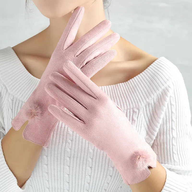 Velvet Split-Finger Gloves with Pom Pom Trim