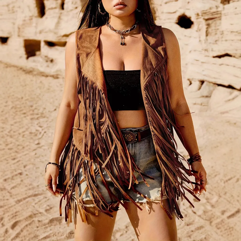 Tassel-Trim Sleeveless Lapel Jacket