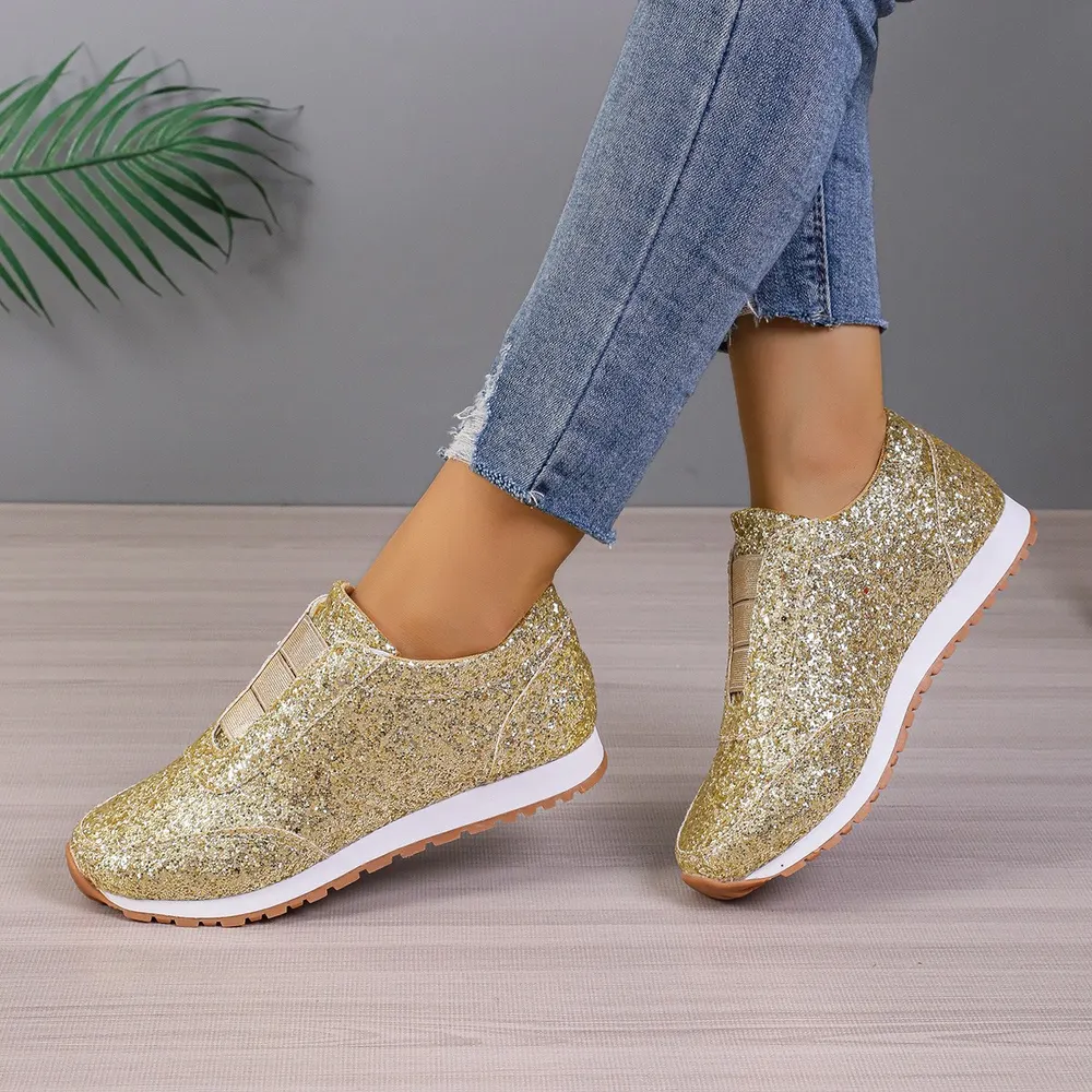 Sequin Round-Toe Slip-On Flats