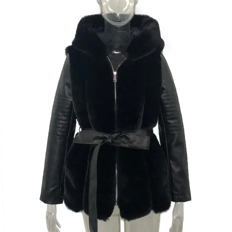 Belted Faux Fur Hooded Zip Jacket