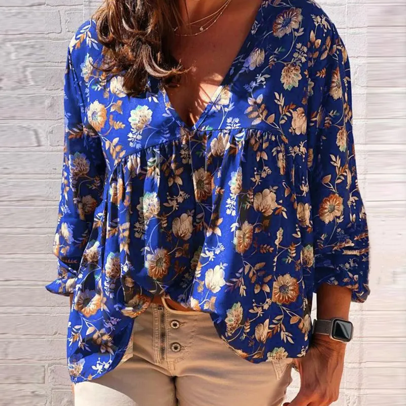 Printed V-Neck Long Sleeve Knit Top