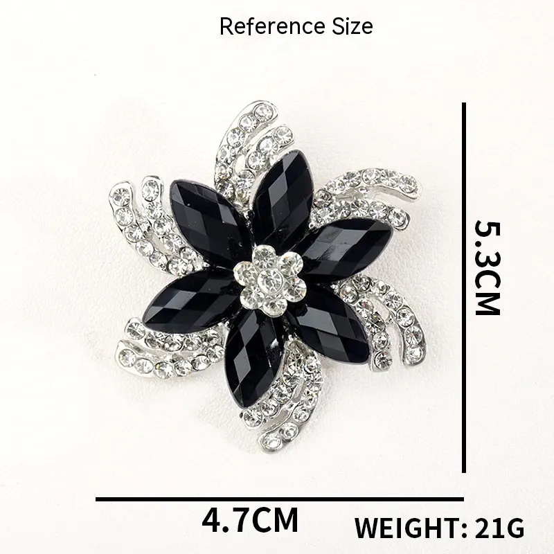 Black Rhinestone Flower Brooch