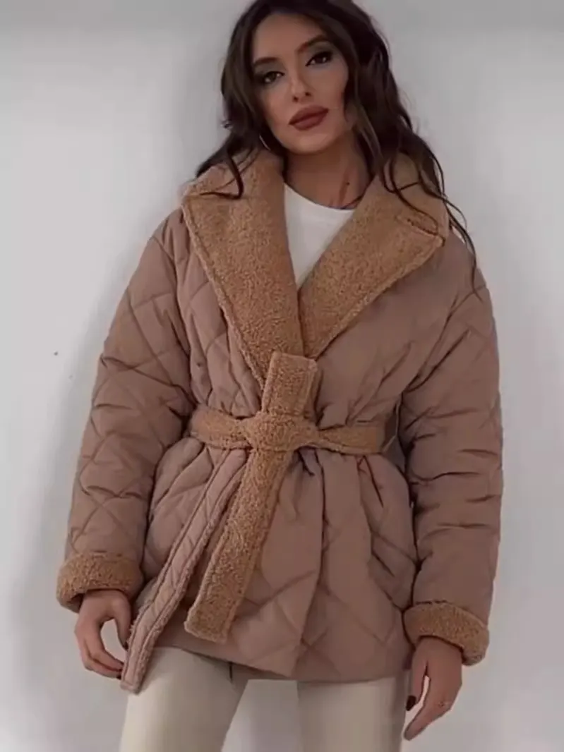Plaid Lapel Coat with Waist Tie