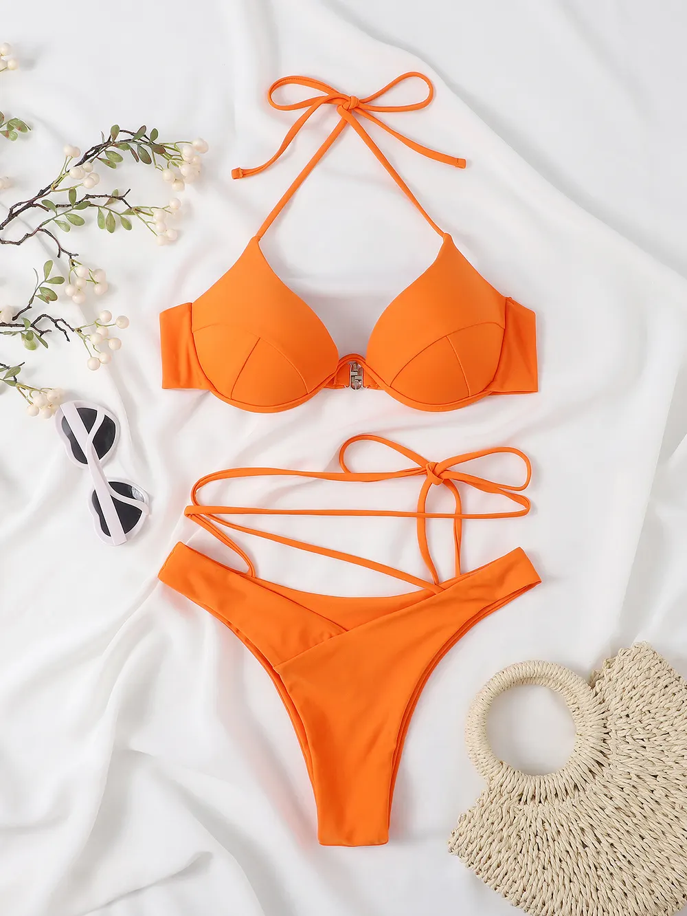 Orange Nylon Two-Piece Bikini Set