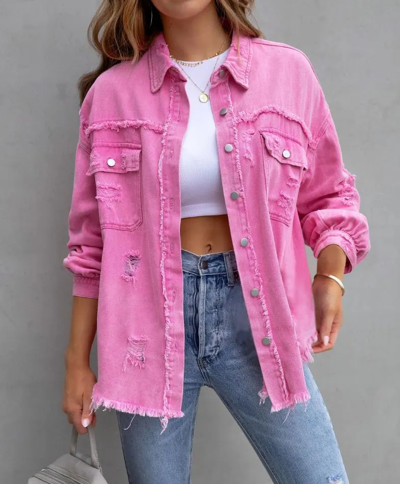 Oversized Frayed Denim Shacket