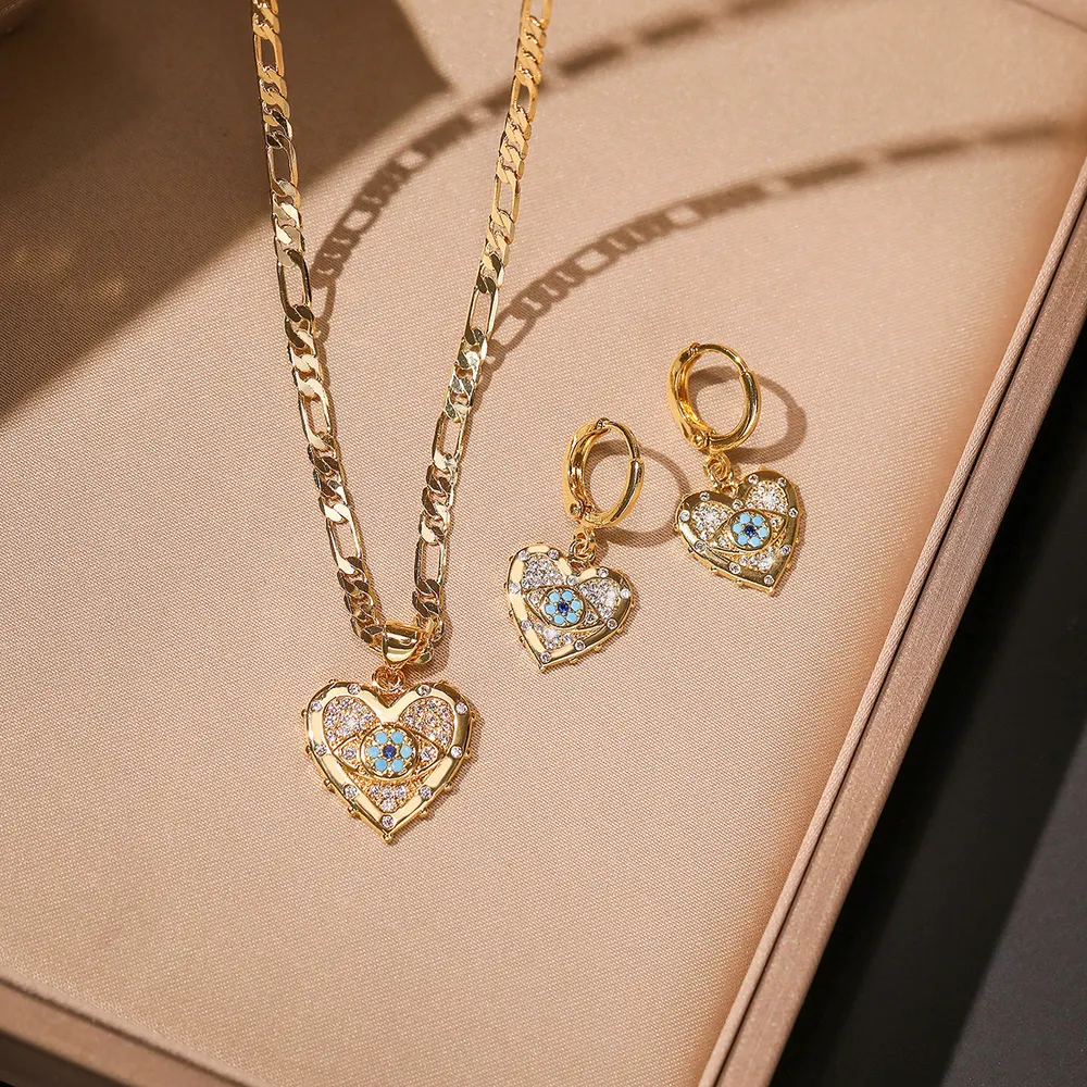 Gold-Plated Heart Zircon Necklace and Earring Set
