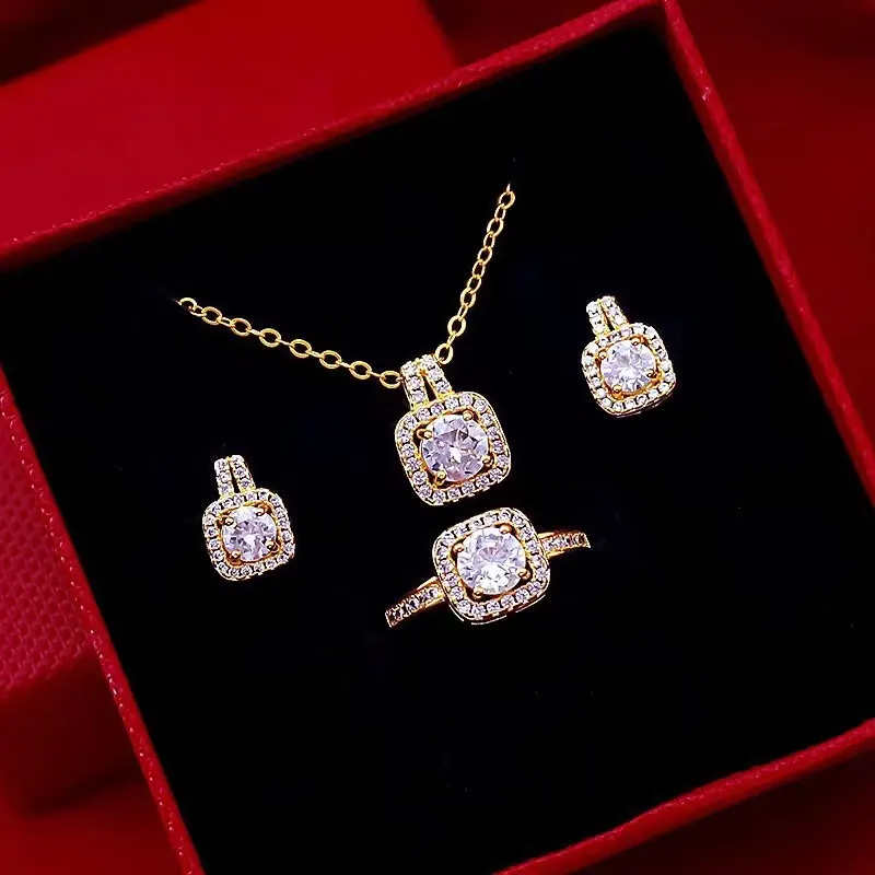 Gold-Tone Zircon Pendant Necklace, Earring and Ring Set