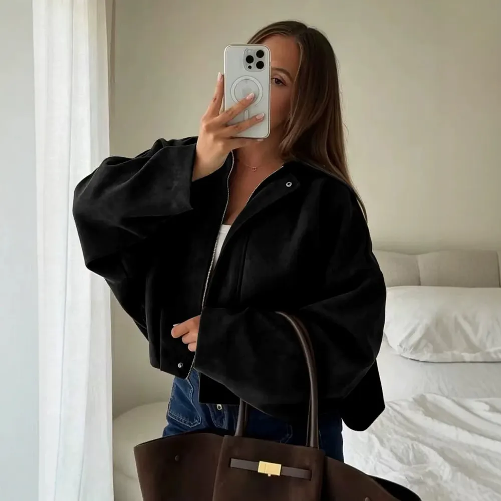 Loose Lapel Suede Short Coat