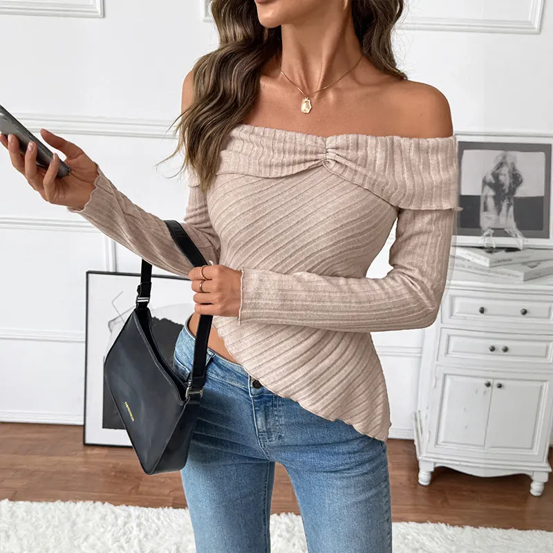 Off-Shoulder Knit Top with Asymmetric Hem