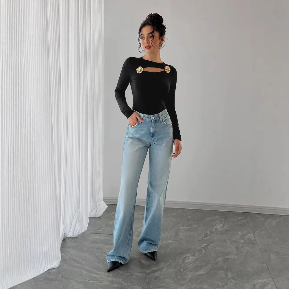 Hollow Rose Metal Detail Long Sleeve Top