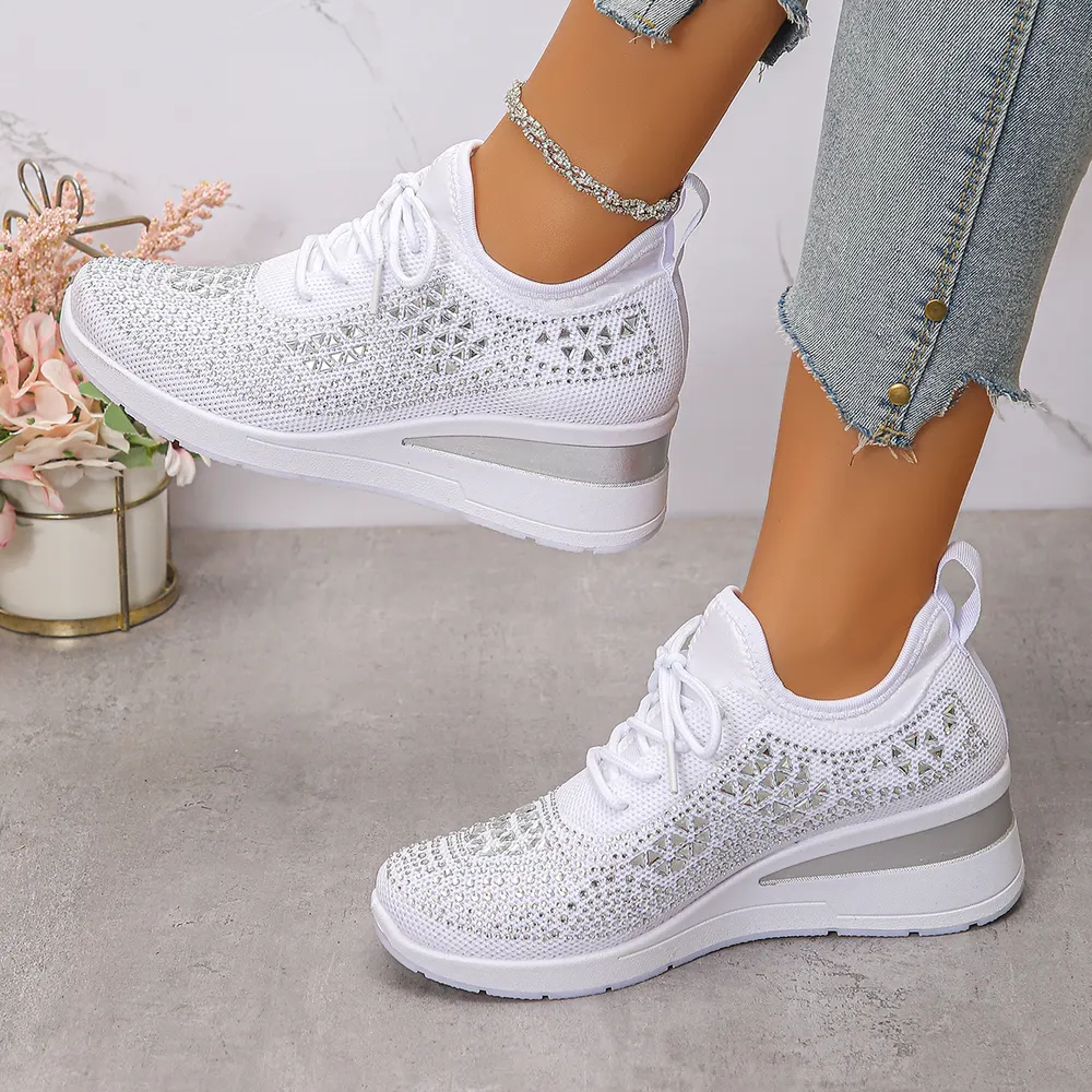 Rhinestone Lace-Up Wedge Sneakers