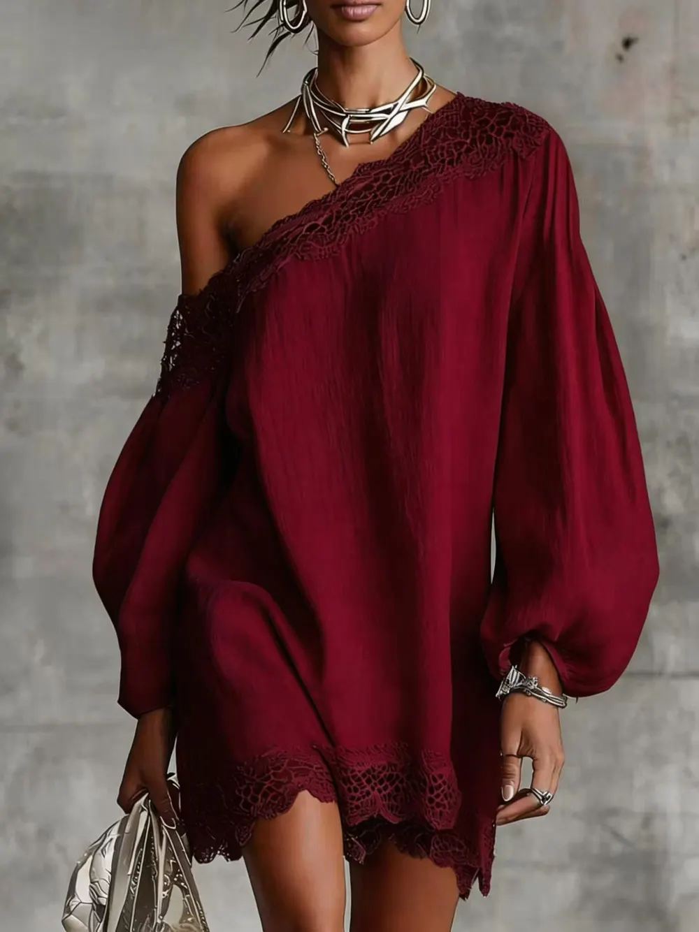 Lace-Trim Off-Shoulder Long-Sleeve Top