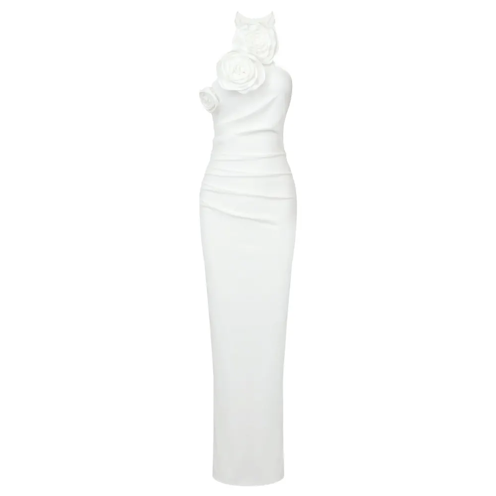 Ribbon Flower Halter Backless Dress